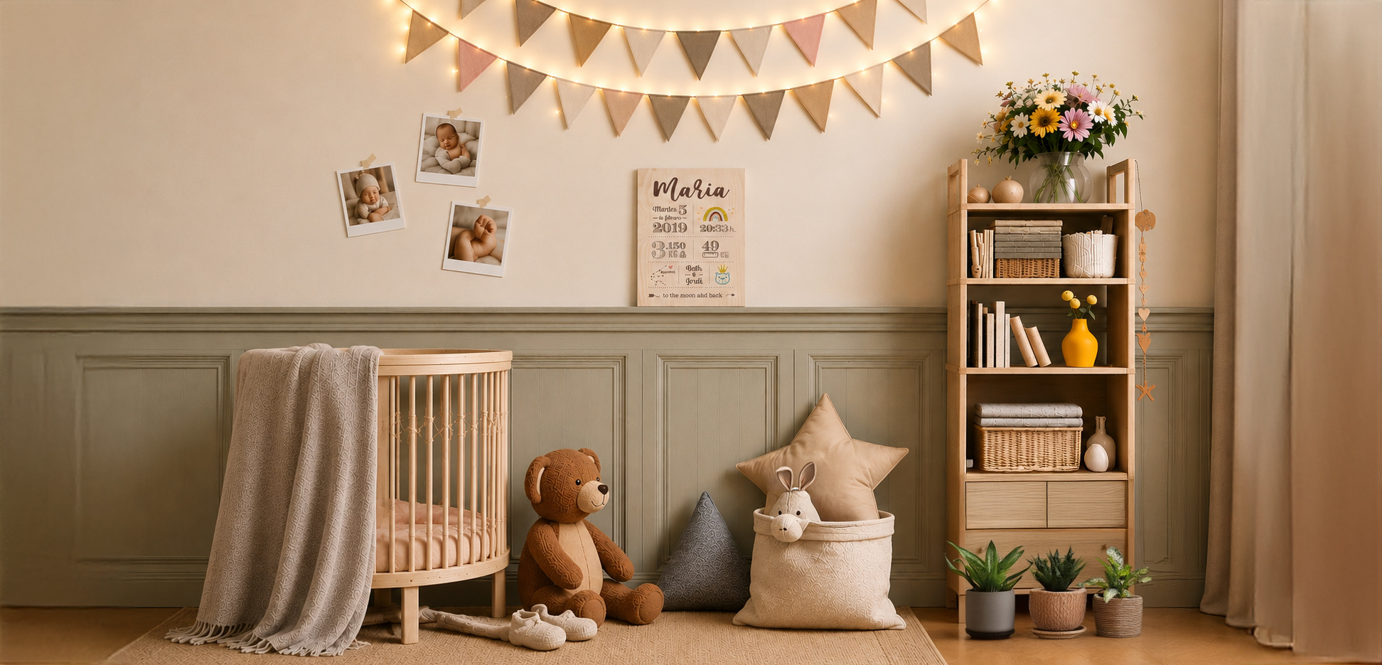 Habitación infantil cálida con madera de nacimiento personalizada